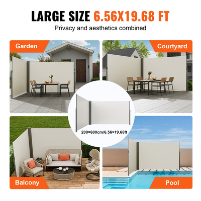 Πτυσσόμενη πλαϊνή τέντα VEVOR, 79&#039;&#039;x 236&#039;&#039; Outdoor Privacy Screen, 180g Polyester-proof retractable Patio Screen, UV 30+ Room Divider Windscreen για Αίθριο, Πίσω αυλή, Μπαλκόνι, Μπεζ