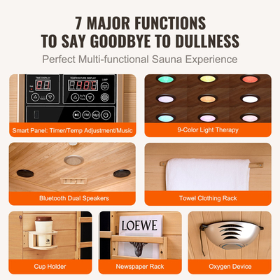 VEVOR Far Infrared Ξύλινη Σάουνα Δωμάτιο Home Sauna Spa για 2 Άτομα 1850W