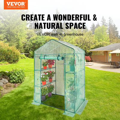 VEVOR Walk-in Green House, 4,6 x 2,4 x 6,7 ft Θερμοκήπιο με ράφια, ρύθμιση σε λίγα λεπτά, κάλυμμα PE υψηλής αντοχής με πόρτες και παράθυρα και ατσάλινο πλαίσιο, κατάλληλο για φύτευση και αποθήκευση, πράσινο
