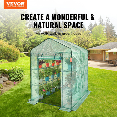 VEVOR Walk-in Green House, 4,6 x 4,6 x 6,6 ft Θερμοκήπιο με ράφια, ρύθμιση σε λίγα λεπτά, κάλυμμα PE υψηλής αντοχής με πόρτες και παράθυρα και ατσάλινο πλαίσιο, κατάλληλο για φύτευση και αποθήκευση, πράσινο