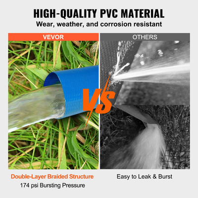 Εύκαμπτος σωλήνας VEVOR Backwash, 2 in x 50 ft, βαρέως τύπου PVC επίπεδος σωλήνας εκκένωσης πισίνας με σφιγκτήρες, ανθεκτικός στις καιρικές συνθήκες και στη διάρρηξη, συμβατός με αντλίες, φίλτρα άμμου, για αποστράγγιση λυμάτων πισινών, μπλε