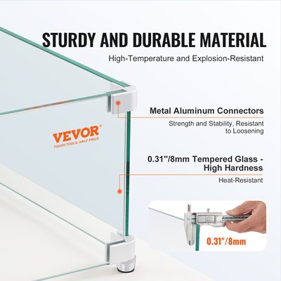 VEVOR Gas Fire Pit Wind Guard for Square Fire Table, 380 x 380 x 180 mm Clear Tempered Wind Guard for Firepits, 8mm πάχους τετράγωνη γυάλινη ασπίδα, γυάλινο πάνελ με σκληρό γωνιακό βραχίονα και πόδια