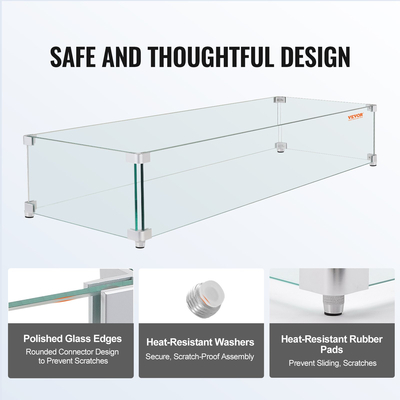 VEVOR Gas Fire Pit Wind Guard for Square Fire Table, 595 x 190 x 165 mm Clear Tempered Wind Guard for Firepits, 8mm πάχους τετράγωνη γυάλινη ασπίδα, γυάλινο πάνελ με σκληρό γωνιακό βραχίονα και πόδια