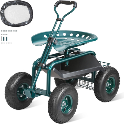 Κάθισμα εργασίας VEVOR Garden Cart Rolling με ρόδες, Σκαμπό κηπουρικής για φύτευση, Περιστρεφόμενο κάθισμα 360 μοιρών, Wagon Scooter με λαβή τιμονιού &amp; δίσκος βοηθητικών εργαλείων, χρήση για βεράντα, αυλή και εξωτερικούς χώρους, πράσινο