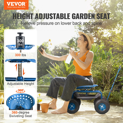 Κάθισμα εργασίας VEVOR Garden Cart Rolling με ρόδες, σκαμπό κηπουρικής για φύτευση, περιστρεφόμενο κάθισμα 360 μοιρών, σκούτερ βαγόνι με λαβή τιμονιού &amp; δίσκος βοηθητικών εργαλείων, χρήση για βεράντα, αυλή και εξωτερικούς χώρους, μπλε