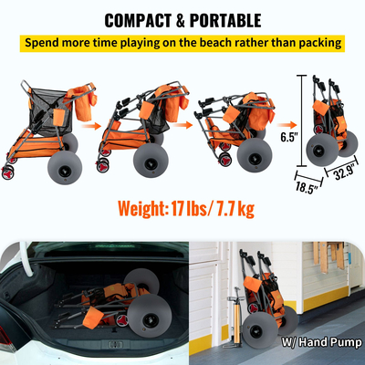 VEVOR Beach Wonder Wheeler, 12&quot; τροχοί παντός εδάφους με μπαλόνι, 350 lbs Cart Beach for Sand, Beach Buggy με θήκη για σαγιονάρες, τσάντα αποθήκευσης, 2 θήκες για καρέκλες παραλίας, πορτοκαλί