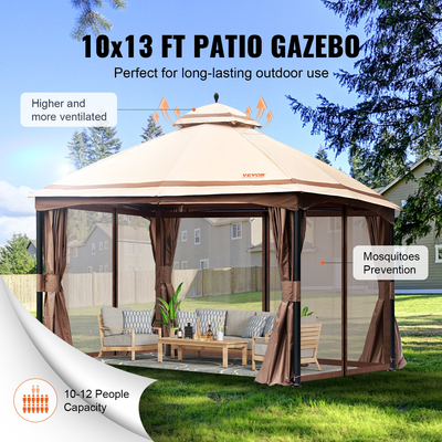Κιόσκι VEVOR Patio για 10-12 Άτομα, Κιόσκι Backyard 10 x 13 FT, με κουνουπιέρα, μεταλλικό σκελετό και πολυεστέρα 180G με επίστρωση PU, υπαίθριο στέγαστρο για αίθριο, πίσω αυλή, γκαζόν, κήπο, κατάστρωμα