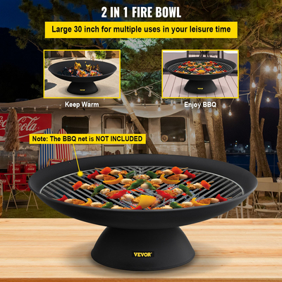 VEVOR Fire Pit Bowl, 30 ιντσών βαθύ στρογγυλό μπολ από χυτοσίδηρο, καύση ξύλου για εξωτερικά αίθρια, αυλές και κάμπινγκ, με βάση σχεδιασμένη για σταθερό μπολ και ραβδί καυσόξυλου, μαύρο