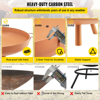 Μπολ VEVOR Fire Pit, 30 ιντσών βαθύ στρογγυλό μπολ από ανθρακούχο χάλυβα, καύση ξύλου για εξωτερικά αίθρια, αυλές και κάμπινγκ, με τρύπα αποστράγγισης, φορητές λαβές και ραβδί καυσόξυλου, καφέ