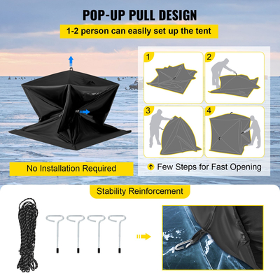 Σκηνή VEVOR 2-3 Person Ice Fishing Shelter, 300D Oxford Fabric Portable Ice Shelter with Pop-up Pull Design, Ισχυρό αδιάβροχο και αντιανεμικό Ice Fish Shelter for Outdoor Fishing, Μαύρο