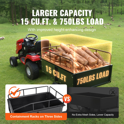 VEVOR Heavy Duty ATV Trailer Steel Dump Cart, 750-Pound 15 Cubic Feet, Garden Utility Trailer with αφαιρούμενες πλευρές για ιππασία χλοοκοπτικού τρακτέρ