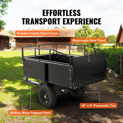 VEVOR Heavy Duty ATV Trailer Steel Dump Cart, 750-Pound 15 Cubic Feet, Garden Utility Trailer with αφαιρούμενες πλευρές για ιππασία χλοοκοπτικού τρακτέρ