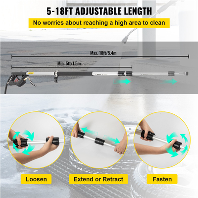 VEVOR Τηλεσκοπική ράβδος πλύσης πίεσης 18 ft 4000psi Τηλεσκοπική ράβδος πλύσης πίεσης με ζώνη ιμάντα 3/8&quot; Γρήγορης σύνδεσης πόλος επέκτασης για ηλεκτρικό πλυντήριο σπρέι λόγχη 5 ακροφυσίων Driveway Building Car