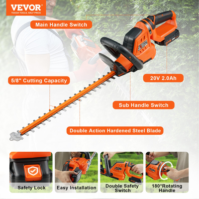 VEVOR 20V Cordless Hedge Trimmer 18in Steel Blade με μπαταρία και γρήγορο φορτιστή