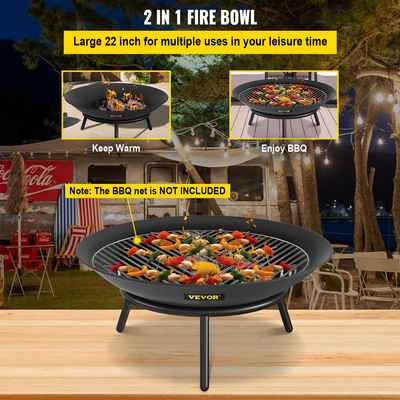 Μπολ VEVOR Fire Pit, 22 ιντσών βαθύ στρογγυλό μπολ από ανθρακούχο χάλυβα, καύση ξύλου για εξωτερικά αίθρια, αυλές και χρήσεις κάμπινγκ, με τρύπα αποστράγγισης και ραβδί καυσόξυλου, μαύρο