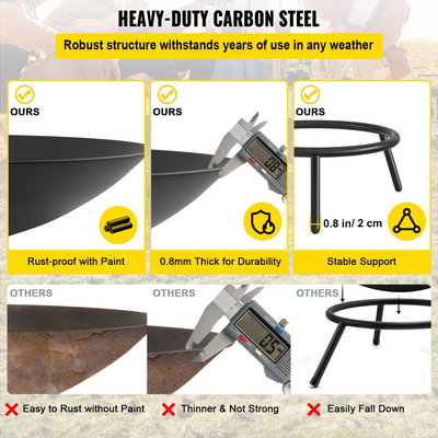 Μπολ VEVOR Fire Pit, 22 ιντσών βαθύ στρογγυλό μπολ από ανθρακούχο χάλυβα, καύση ξύλου για εξωτερικά αίθρια, αυλές και χρήσεις κάμπινγκ, με τρύπα αποστράγγισης και ραβδί καυσόξυλου, μαύρο