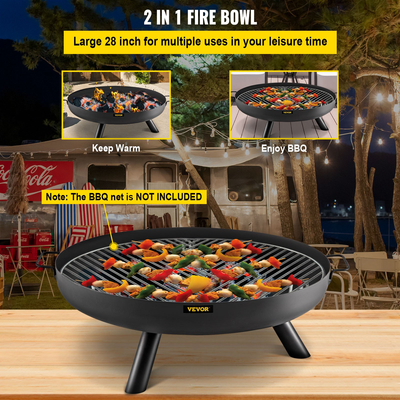 Μπολ VEVOR Fire Pit, 28 ιντσών βαθύ στρογγυλό μπολ από ανθρακούχο χάλυβα, καύση ξύλου για εξωτερικά αίθρια, αυλές και κάμπινγκ, με τρύπα αποστράγγισης, φορητές λαβές και ραβδί καυσόξυλου, μαύρο