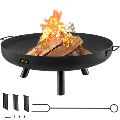 Μπολ VEVOR Fire Pit, 28 ιντσών βαθύ στρογγυλό μπολ από ανθρακούχο χάλυβα, καύση ξύλου για εξωτερικά αίθρια, αυλές και κάμπινγκ, με τρύπα αποστράγγισης, φορητές λαβές και ραβδί καυσόξυλου, μαύρο