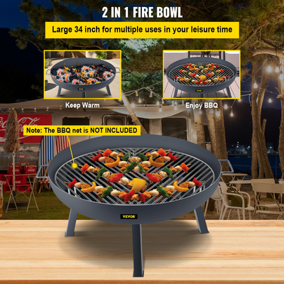 Μπολ VEVOR Fire Pit, 34 ιντσών βαθύ στρογγυλό μπολ από ανθρακούχο χάλυβα, καύση ξύλου για εξωτερικές αυλές, αυλές και κάμπινγκ, με τρύπα αποστράγγισης, φορητές λαβές και ραβδί καυσόξυλου, μαύρο