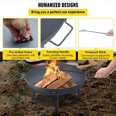 Μπολ VEVOR Fire Pit, 34 ιντσών βαθύ στρογγυλό μπολ από ανθρακούχο χάλυβα, καύση ξύλου για εξωτερικές αυλές, αυλές και κάμπινγκ, με τρύπα αποστράγγισης, φορητές λαβές και ραβδί καυσόξυλου, μαύρο