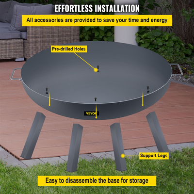 Μπολ VEVOR Fire Pit, 34 ιντσών βαθύ στρογγυλό μπολ από ανθρακούχο χάλυβα, καύση ξύλου για εξωτερικές αυλές, αυλές και κάμπινγκ, με τρύπα αποστράγγισης, φορητές λαβές και ραβδί καυσόξυλου, μαύρο