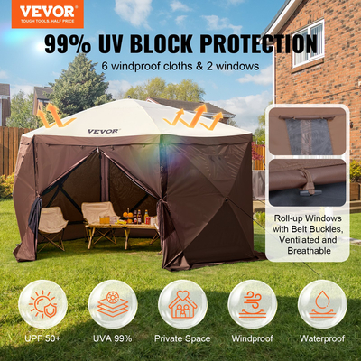 VEVOR Pop-up Gazebo Tent Pop-Up Screen Σκηνή 6 όψεων με κουβούκλιο Καφέ καταφύγιο για τον ήλιο