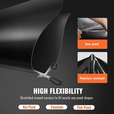 VEVOR Pond Liner, 30 x 35 ft 45 Mil Πάχος, Εύκαμπτο υλικό EPDM Pond Skins, Εύκολο κοπτικό υπόστρωμα για λίμνες ψαριών ή Koi, Χαρακτηριστικά νερού, Βάση καταρράκτη, Σιντριβάνια, Κήποι με νερό, Μαύρο