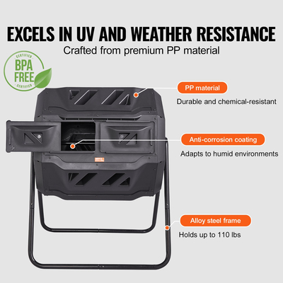 Κάδος κομποστοποίησης VEVOR, ανατροπέας κομποστοποίησης διπλού θαλάμου 43-Gal, περιστρεφόμενος κομποστοποιητής μεγάλου περιστρεφόμενου με 2 συρόμενες πόρτες και ατσάλινο πλαίσιο, δοχείο κομποστοποίησης δωρεάν BPA για κήπο, κουζίνα, αυλή, εξωτερικό χώρο