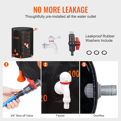 Πτυσσόμενο βαρέλι βροχής VEVOR, μεγάλης χωρητικότητας 100 γαλονιών, Σύστημα συλλογής βρόχινου νερού από PVC που περιλαμβάνει καρφιά και κιτ υπερχείλισης, Φορητό δοχείο αποθήκευσης δεξαμενής νερού για το Garden Water Catcher, Μαύρο