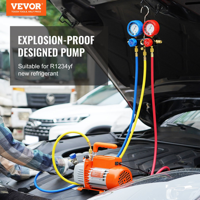 VEVOR 1/5 HP 3.5 CFM AC σετ αντλίας κενού και μετρητή, Περιστροφικό πτερύγιο HVAC Air Pump A/C Σετ μετρητή πολλαπλής σκούπας ψυκτικού μέσου, με τσάντα μεταφοράς σωλήνων τριών χρωμάτων, Ισχύει για R134a, R1234yf