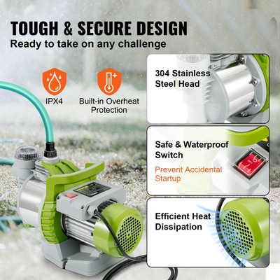 Αντλία ρηχών πηγαδιών VEVOR, 1100W 230V, 4560 L/h 45 m Κεφαλή, Μέγιστο 4,5 bar, φορητές αντλίες εκτοξευτήρα από ανοξείδωτο χάλυβα Booster Jet με προφίλτρο για σύστημα άρδευσης γκαζόν κήπου, Σιντριβάνι λίμνης, Μεταφορά νερού