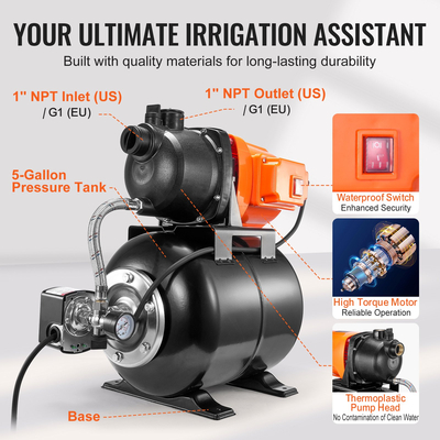 Αντλία ρηχού πηγαδιού VEVOR 1HP με ενισχυτική αντλία άρδευσης 1000GPH