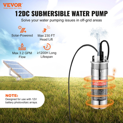 VEVOR Solar Water Pump, 12V DC 120W υποβρύχια αντλία βαθιάς πηγαδιού, Max Flow 3,2 GPM, Max Head 230 ft, Max Submersion 98,4 ft, Solar Powered Water Pump for Well, Farm Ranch Ardification, Livestock Drinking