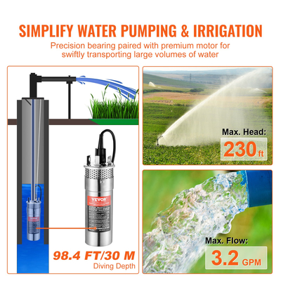 VEVOR Solar Water Pump, 12V DC 120W υποβρύχια αντλία βαθιάς πηγαδιού, Max Flow 3,2 GPM, Max Head 230 ft, Max Submersion 98,4 ft, Solar Powered Water Pump for Well, Farm Ranch Ardification, Livestock Drinking