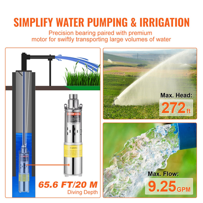 VEVOR Solar Water Pump, 24V DC 277W υποβρύχια αντλία βαθιάς πηγαδιού, Max Flow 9,25 GPM, Max Head 272 ft, Max Submersion 65,6 ft, Solar Powered Water Pump for Well, Farm Ranch Ardification, Livestock Drinking