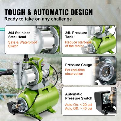 Αντλία ρηχού πηγαδιού VEVOR με δεξαμενή πίεσης, 1300W 230V, 4200L/h 50 m Head 5 bar, Φορητές αυτόματες αντλίες νερού ενίσχυσης νερού από ανοξείδωτο χάλυβα με προφίλτρο για άρδευση γκαζόν στο σπίτι, μεταφορά νερού