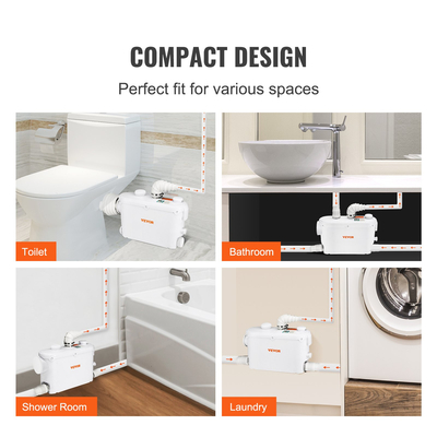 VEVOR Macerator Pump, 500W, 6600 L/h Flow, 26,2 ft/8 m Head, Macerator Pump Card Sump with 3 Water Intitions for Wullet, Underground, Κουζίνα, Νεροχύτη, Ντους, Μπανιέρα Απόρριψη Λυμάτων