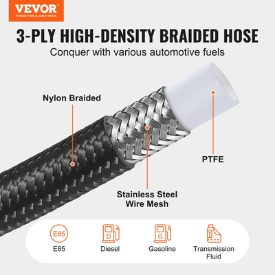 VEVOR 6AN Fuel Line Kit, 25 FT Fuel Hose Kit, 5/16&quot; Nylon Inox Inox Kit Line Fuel Line PTFE, E85/Oil/Gas/Diesel Hose End Kit, with 15 PCS Swivel Fitting Adapter Kit, Μαύρο
