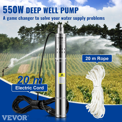 Υποβρύχια αντλία VEVOR Deep Well, 550W 230V/50Hz, 35L/min 108 m Head Sand Resistant &lt;5%, 20 m Electric Cord, 7,6 cm Αντλίες νερού από ανοξείδωτο χάλυβα για βιομηχανική, άρδευση και οικιακή χρήση, IP68 αδιάβροχη