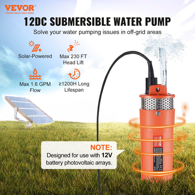 VEVOR Solar Water Pump, 12V DC 96W υποβρύχια αντλία βαθιάς πηγαδιού, μέγιστη ροή 1,6 GPM, Max Head 230 ft, Max Submersion 98,4 ft, Solar Powered Water Pump for Well, Farm Ranch Άρδευση, Ζωοτροφή