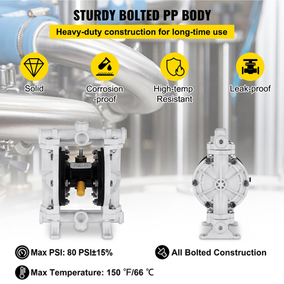 Αντλία διπλού διαφράγματος VEVOR Air-Operated, 1/2 σε είσοδο &amp; έξοδο, σώμα πολυπροπυλενίου, 2,5 GPM &amp; Max 80 PSI, πνευματική αντλία μεταφοράς διαφράγματος PTFE για πετρέλαιο, ντίζελ, λάδι και υγρά χαμηλού ιξώδους