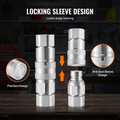 VEVOR 1/2&quot; Flat Face Hydraulic Couplers 3/4 SAE Skid Steer Couplers 2 Dust Caps