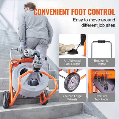 Μηχάνημα καθαρισμού αποχέτευσης VEVOR 75FT x 1/2 ίντσας αυτόματη τροφοδοσία με ρόδες &amp; 8 κόφτες