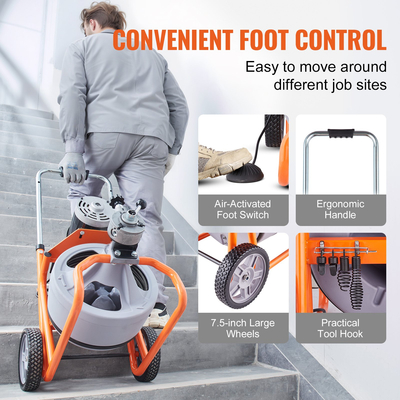 Μηχάνημα καθαρισμού αποχέτευσης VEVOR 100FT x 3/8 ιντσών αυτόματη τροφοδοσία με ρόδες &amp; 8 κόφτες