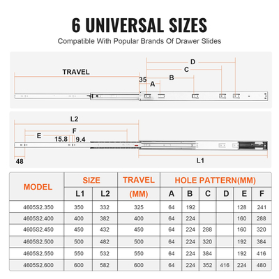 VEVOR 6 ζεύγη 609,6 χιλιοστών συρταριών συρταριών πλαϊνής βάσης, βαρέως τύπου, πλήρους προέκτασης χαλύβδινη ράγα, Soft-close Noiseless Guide Glides Ντουλάπα κουζίνας με ρουλεμάν, χωρητικότητα φόρτωσης 100 Lbs