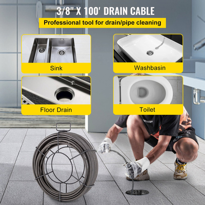 Καλώδιο καθαρισμού αποχέτευσης VEVOR 100 πόδια x 3/8 ιντσών Καλώδιο αποχέτευσης συμπαγούς πυρήνα Καλώδιο αποχέτευσης τρυπάνι Cable Cleaner Snake Clog Pipe Drain Cable Cable Sewer Drain Auger Snake Pipe