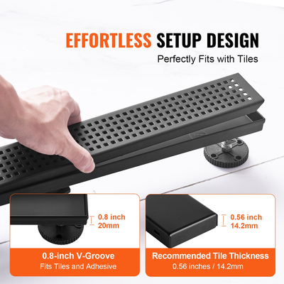 Γραμμική αποστράγγιση ντους VEVOR 610 mm με σχάρα τετράγωνης σχεδίασης, 304 από ανοξείδωτο ατσάλι ορθογώνιο στραγγιστικό δαπέδου, κομψή γραμμική αποχέτευση με φίλτρο μαλλιών, ματ μαύρο