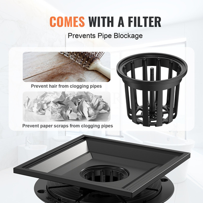 VEVOR 406mm Γραμμική αποστράγγιση ντους με σχάρα τετράγωνης σχεδίασης, 304 από ανοξείδωτο ατσάλι ορθογώνιο στραγγιστικό δαπέδου, κομψή γραμμική αποχέτευση με φίλτρο μαλλιών, ματ μαύρο
