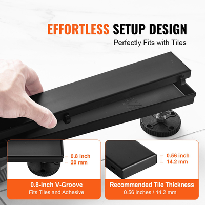 VEVOR 610mm Γραμμική αποστράγγιση ντους με κάλυμμα εισαγωγής πλακιδίων, Βουρτσισμένο 304 Ανοξείδωτο ατσάλι ορθογώνιο αποστράγγιση δαπέδου ντους, Κομψή γραμμική αποστράγγιση με φίλτρο μαλλιών, μαύρο