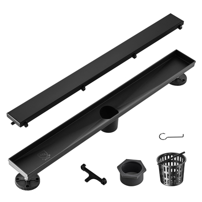 VEVOR 610mm Γραμμική αποστράγγιση ντους με κάλυμμα εισαγωγής πλακιδίων, Βουρτσισμένο 304 Ανοξείδωτο ατσάλι ορθογώνιο αποστράγγιση δαπέδου ντους, Κομψή γραμμική αποστράγγιση με φίλτρο μαλλιών, μαύρο